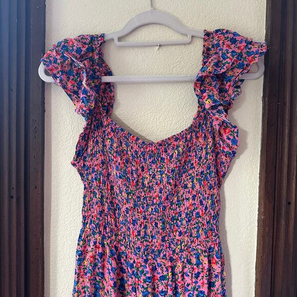 Women's Summer Floral Maxi Dress Square Neck Smocked Boho Ruffle Tie Back Flowy - Picture 2 of 8